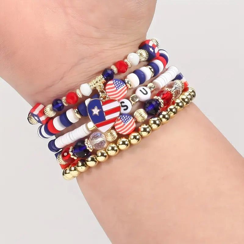 American Flag-themed beaded stretch bracelet with red, white, and blue design.