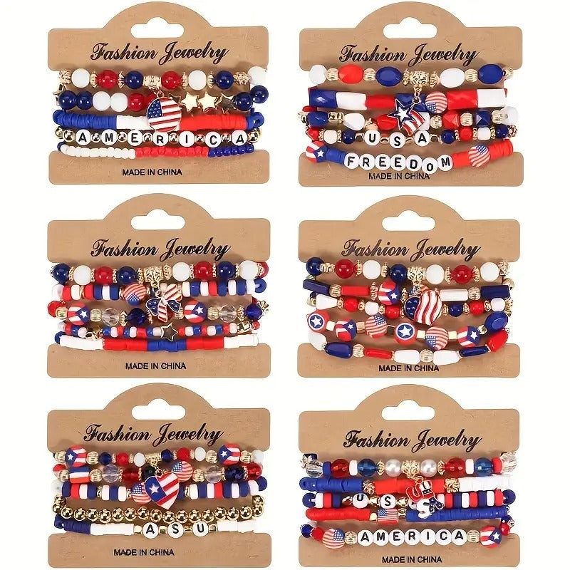 Set American Flag Theme Bracelet Independence Day Beaded Stretch Bracelet
