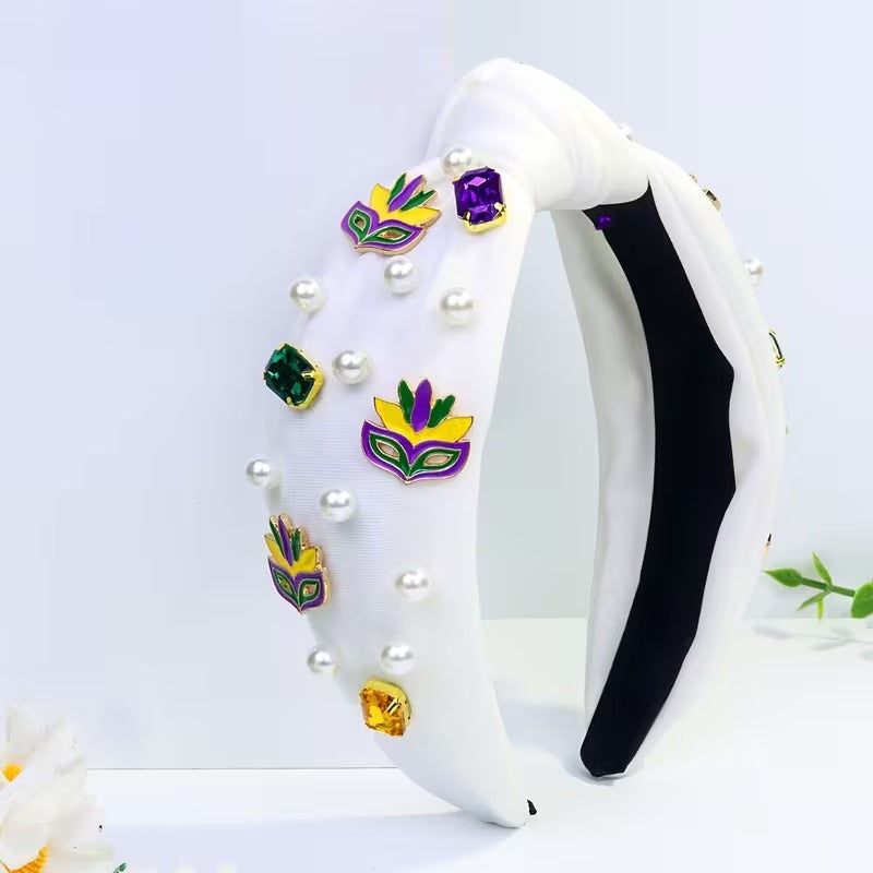 Mardi Gras mask knotted headband styling detail