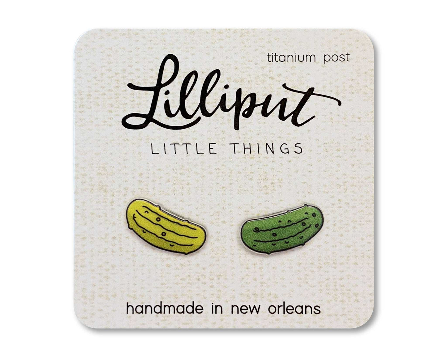 Lilliput Little Things quirky pickle-shaped hypoallergenic titanium post earrings on display card