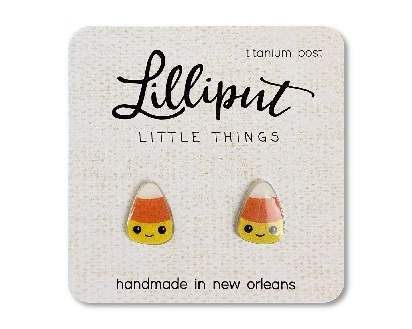Candy Corn Earrings with titanium posts by Lilliput Little Things, handmade in New Orleans.