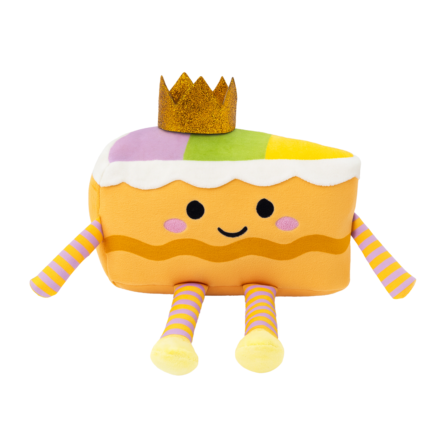 Plush toy resembling a slice of cake with a crown on a white background