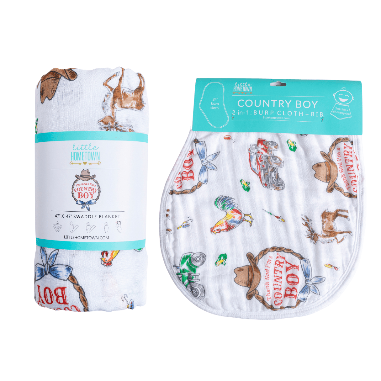 Country Boy Baby Giftset: Baby Swaddle Blanket and Burp/Bib Combo