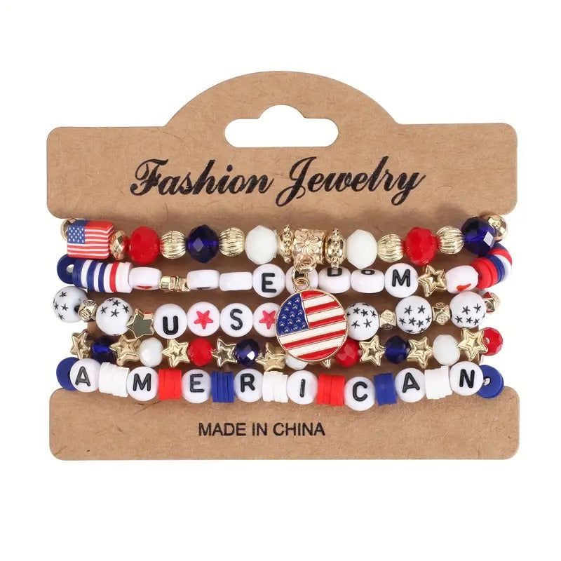 Set American Flag Theme Bracelet Independence Day Beaded Stretch Bracelet