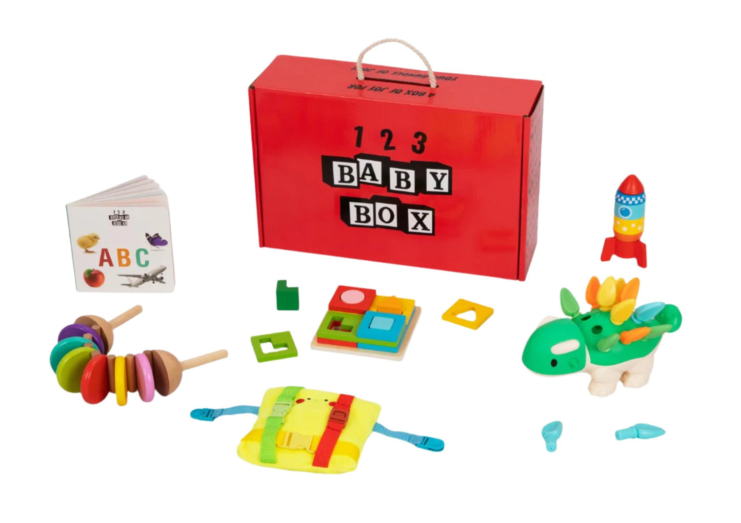 Montessori Educational Box for 22-24 months with wooden toys, ABC book, stacking rocket, dinosaur counters, buckle pouch, and musical clatter in red box