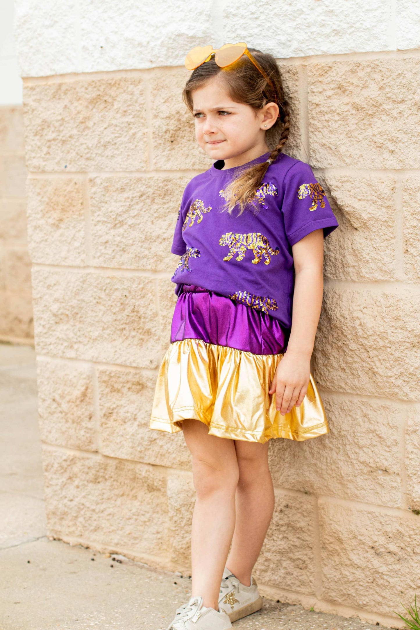 Kids wearing Seersucker JOEY gold champion tiger tee, purple with tiger designs.