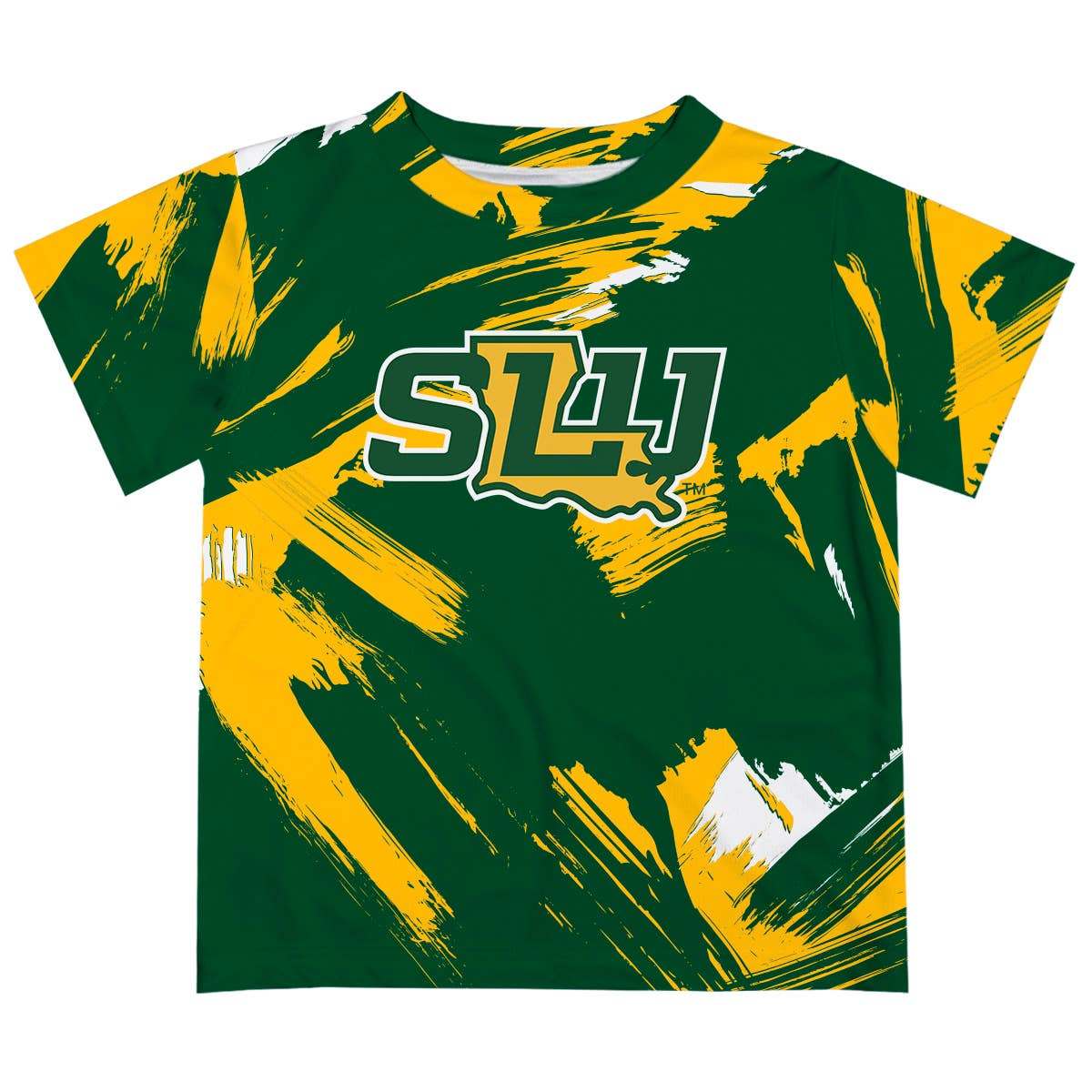 Southeastern Louisiana Lions gold and green T-shirt with paint brush design and SLU logo