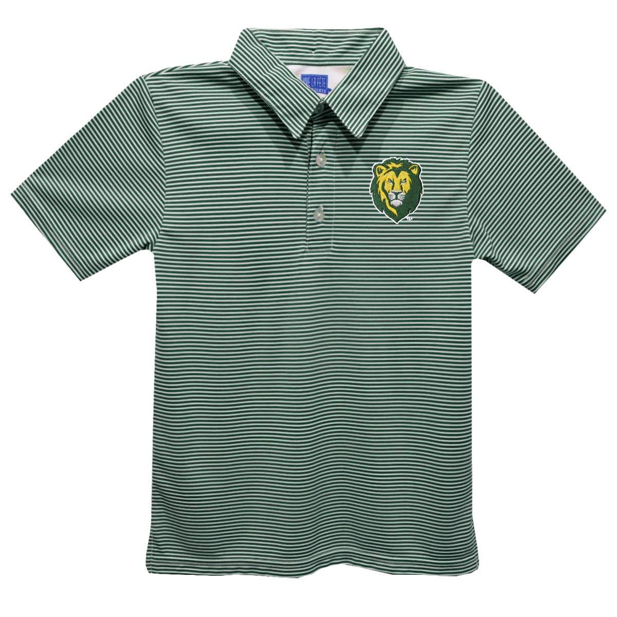 Vive La Fete Southeastern Louisiana Lions striped green polo shirt with embroidered logo, 100% polyester.