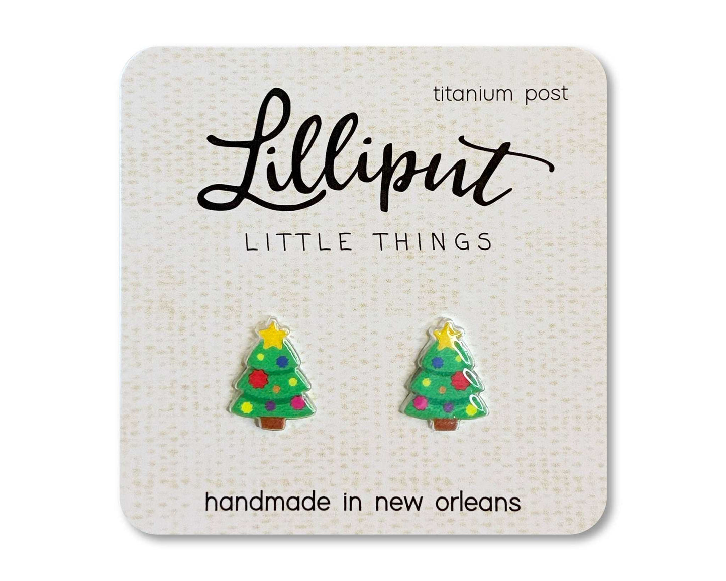 Lilliput Little Things handmade Christmas tree earrings with hypoallergenic titanium posts and vibrant waterproof print