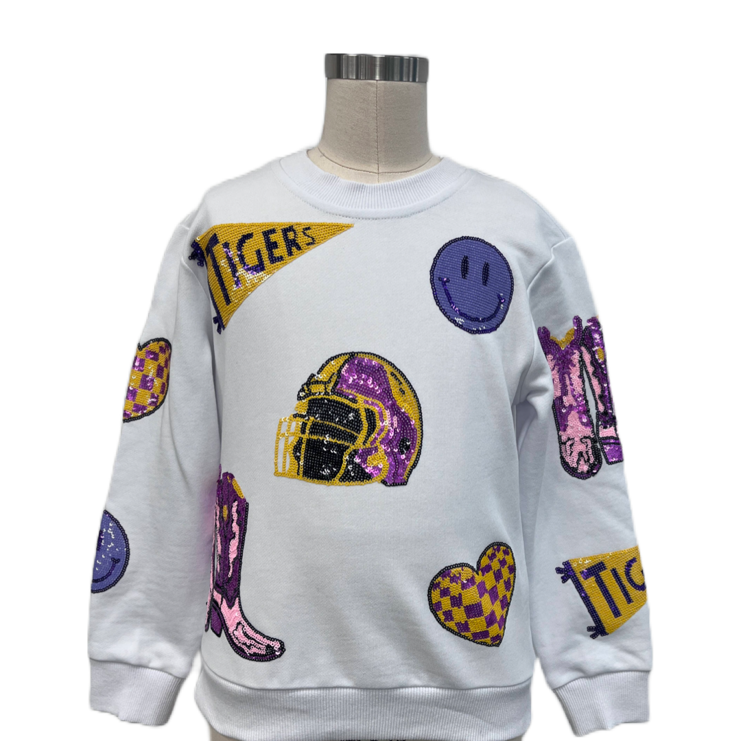 Purple and gold sequin game day pullover with preppy logos, oversized fit.
