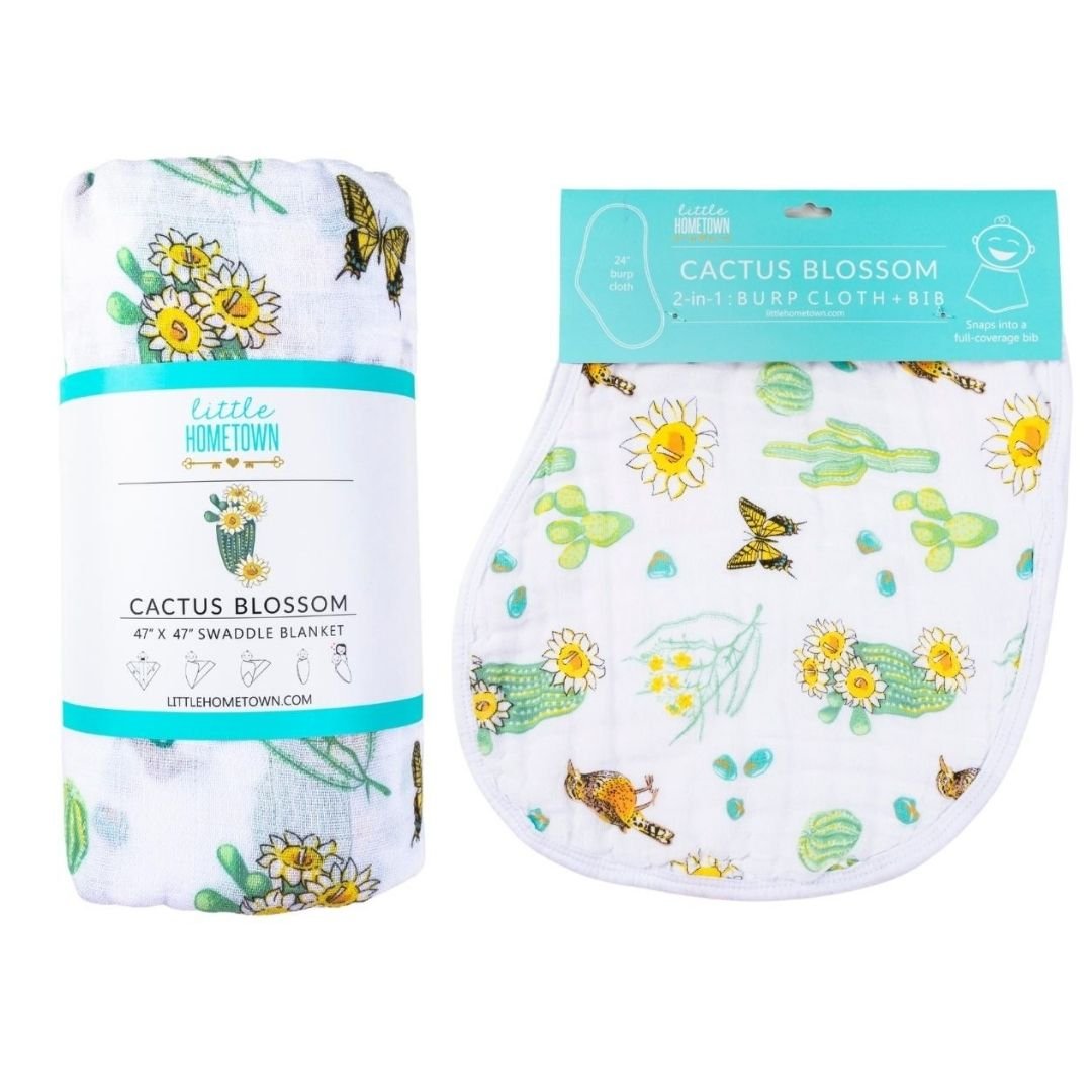 Gift Set: Cactus Blossom Baby Muslin Swaddle Blanket and Burp/Bib Combo