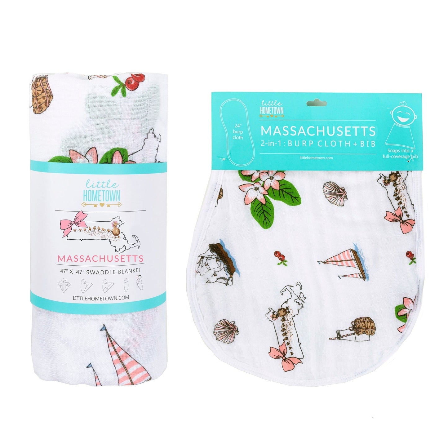Gift Set: Massachusetts Floral Baby Muslin Swaddle Blanket and Burp Cloth/Bib Combo