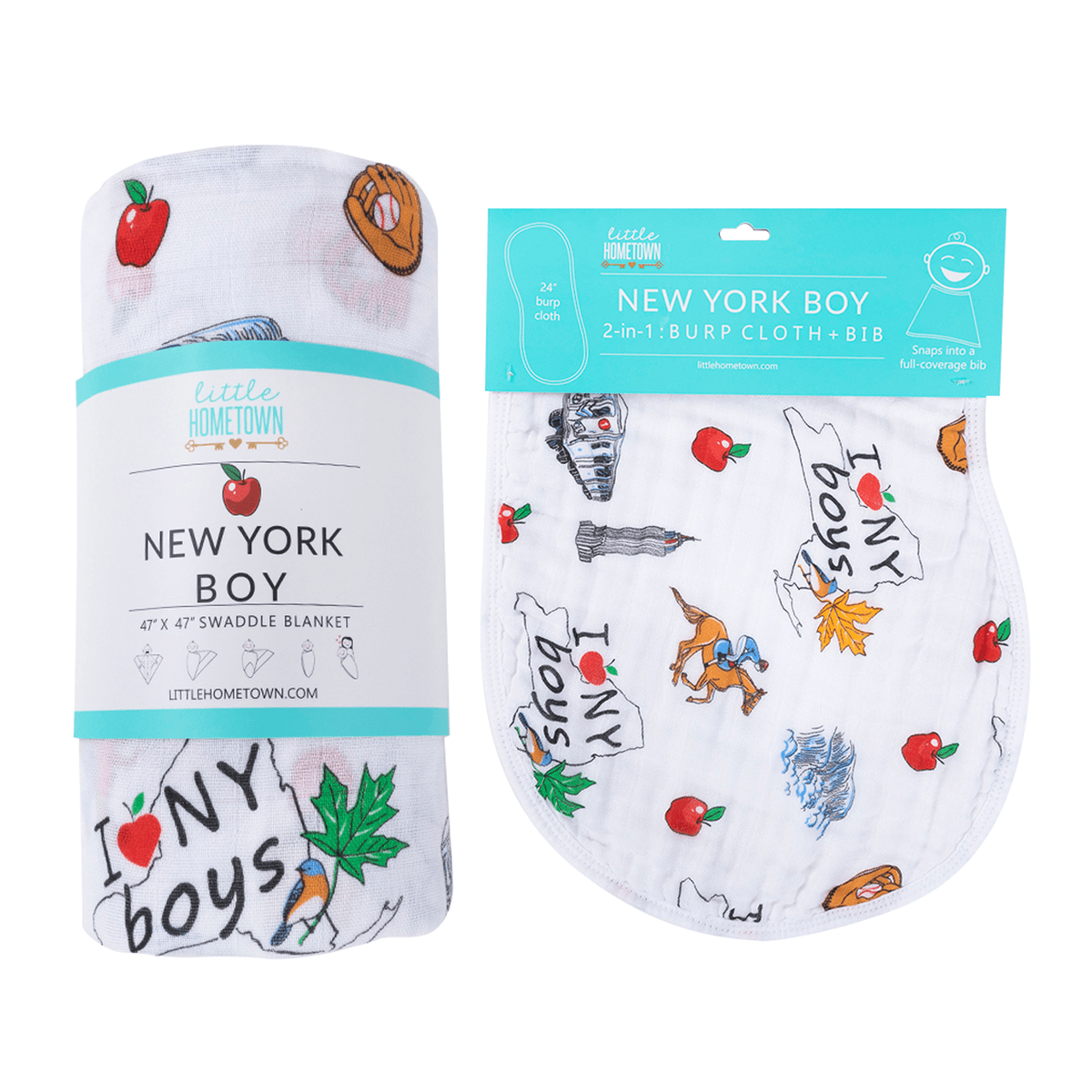 Gift Set: New York Baby Boy Muslin Swaddle Blanket and Burp Cloth/Bib Combo