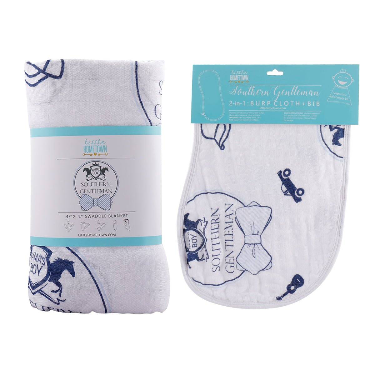 Gift Set: Southern Gentleman Baby Muslin Swaddle Blanket and Burp Cloth/Bib Combo