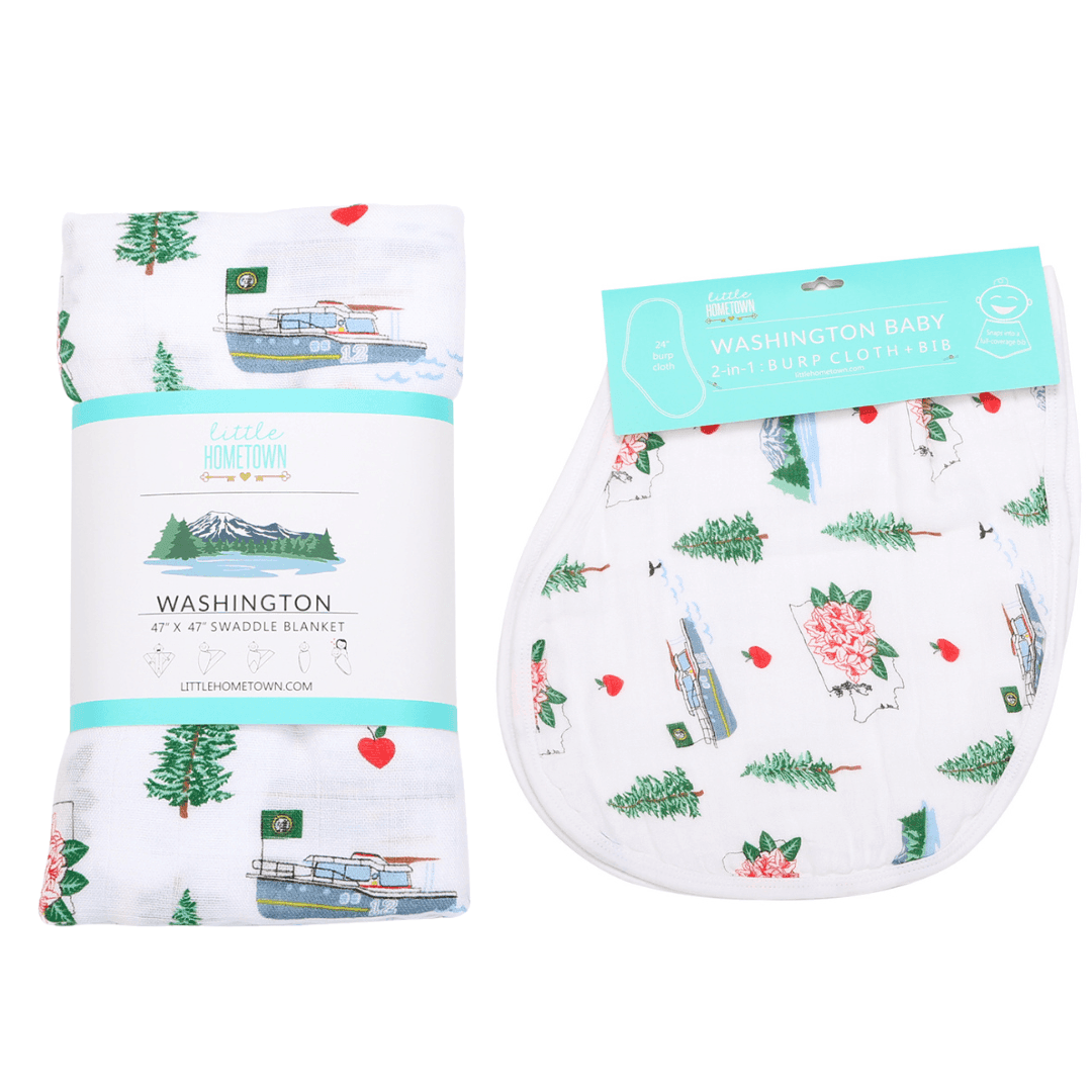 Gift Set: Washington (State) Baby Muslin Swaddle Blanket and Burp Cloth/Bib Combo Extra Large Bamboo Cotton