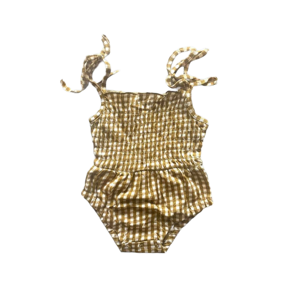 Emma Grace Shoppe Gold Gingham Bubble Romper for babies and toddlers.