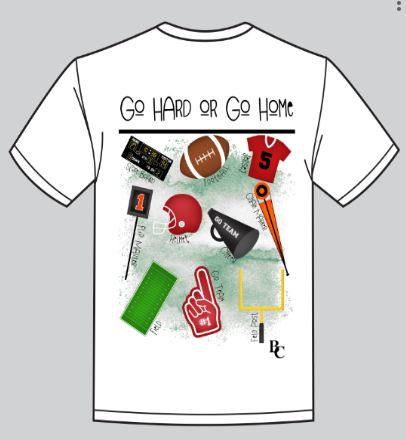 White shirt with "Go Hard or Go Home" text and colorful sports icons design