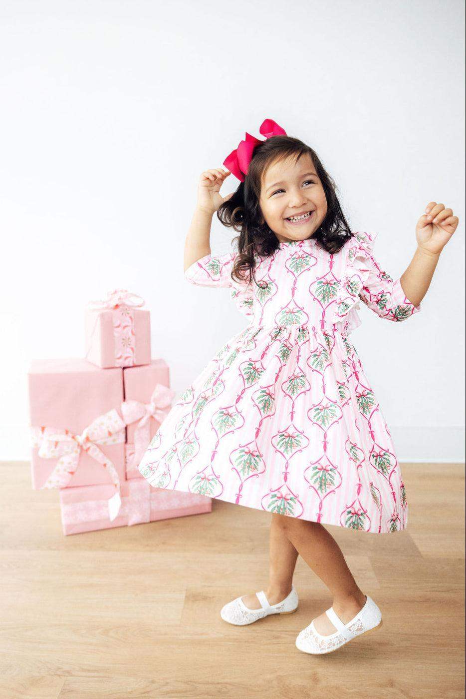 Merry Mistletoe 3/4 Sleeve Ruffle Twirl Dress