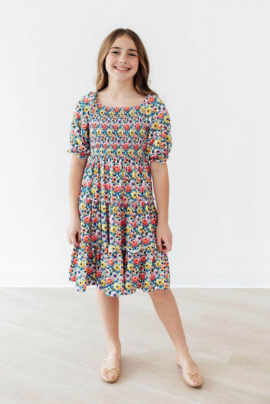 Beautiful Blossoms smocked ruffle dress full length view