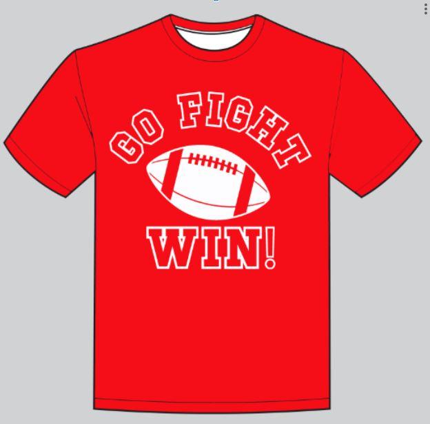 Red modal shirt with Go Fight Win text and football graphic for team spirit