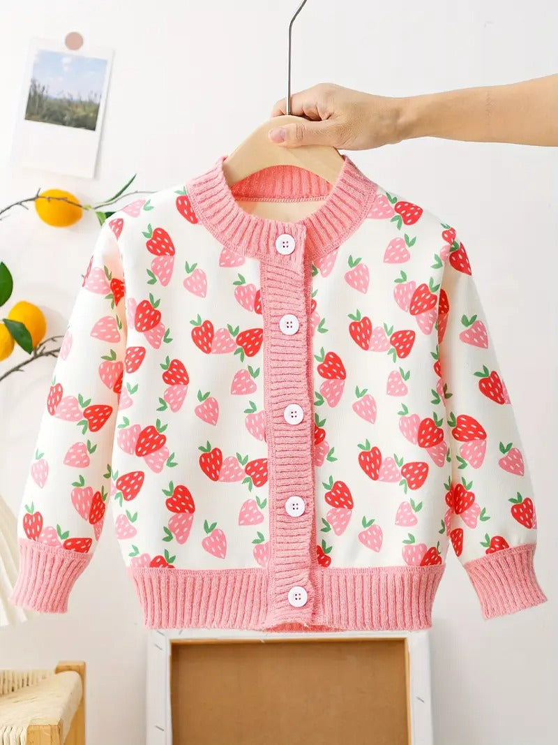 Strawberry knit sweater with embroidered strawberry pattern for girls.