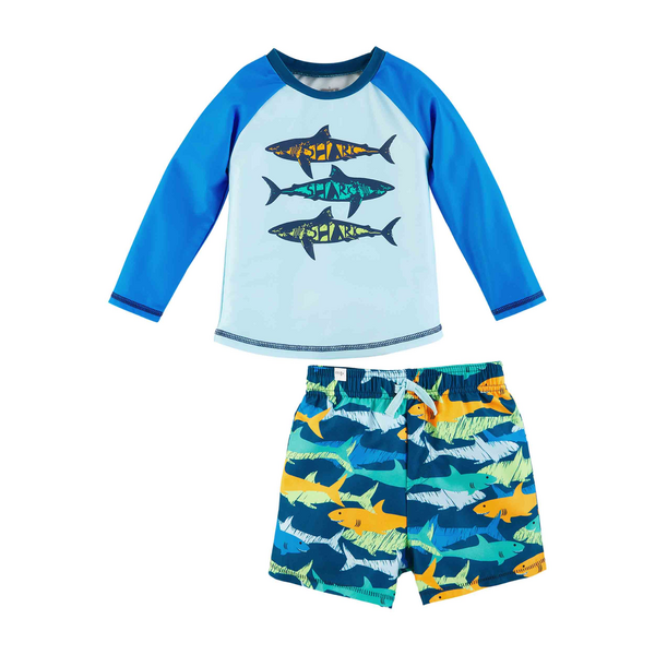 Boys' shark rash guard set front view