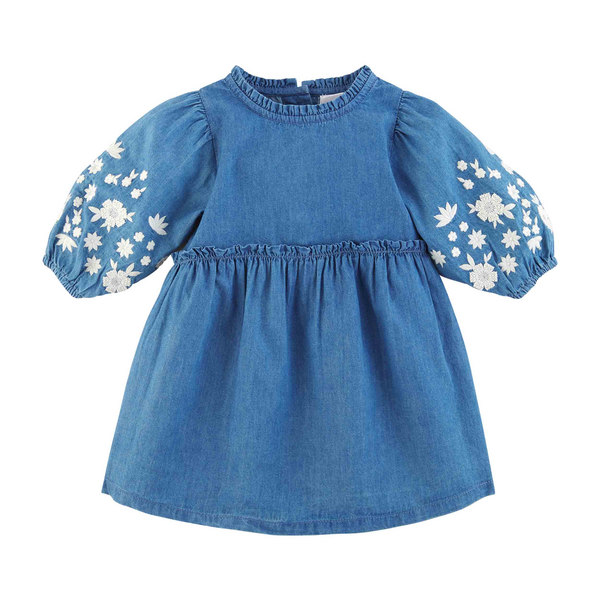 Embroidered denim toddler dress front view