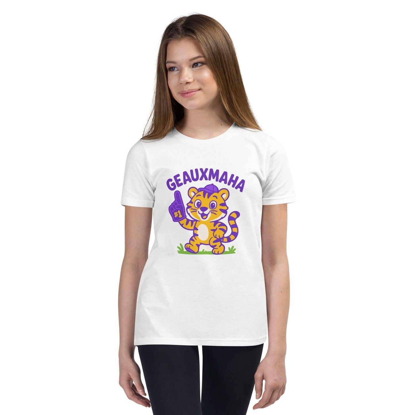 Geauxmaha Tiger youth t-shirt with adorable tiger mascot and "GEAUXMAHA" slogan.