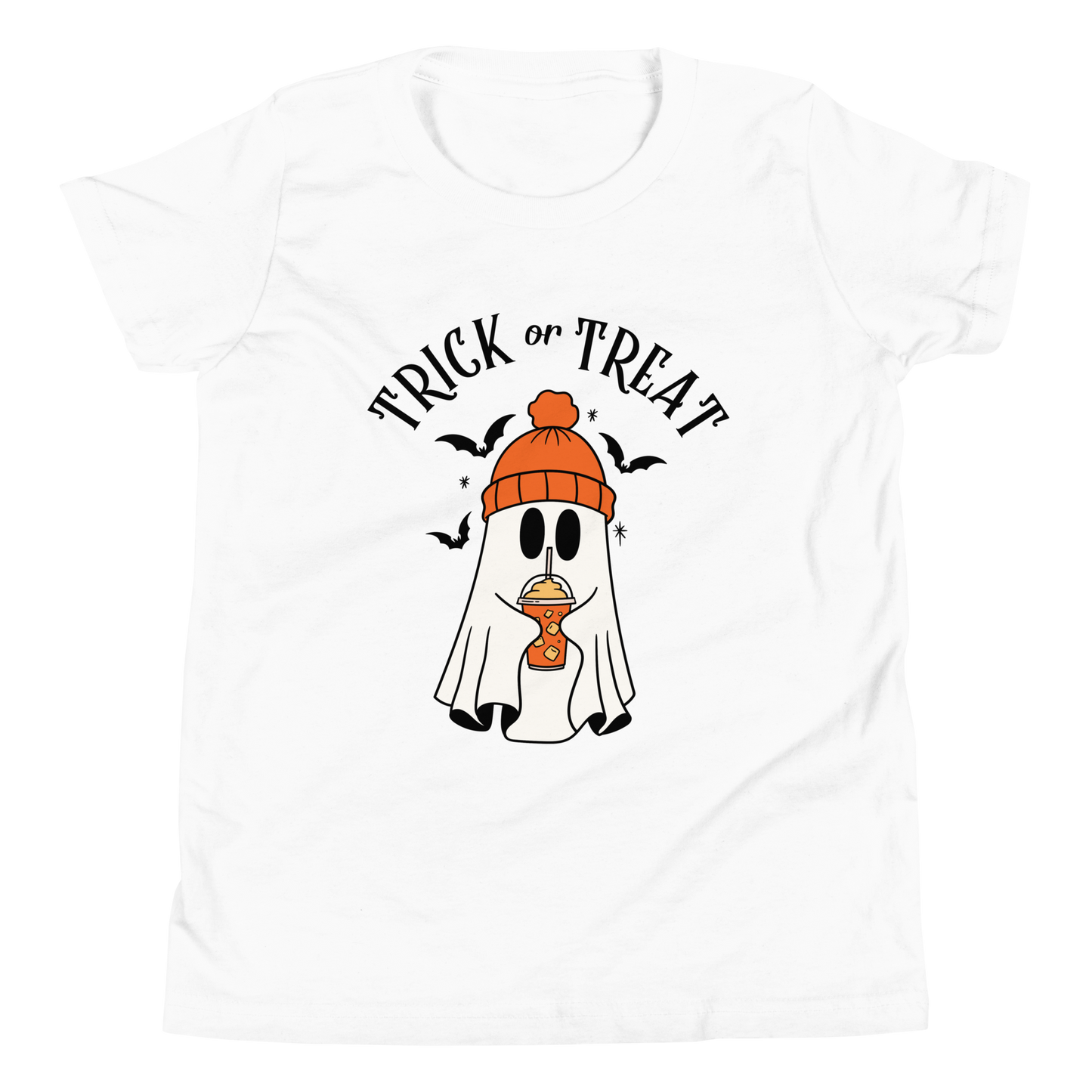 White kids Halloween tee with ghost wearing orange beanie holding pumpkin spice latte and "Trick or Treat" text