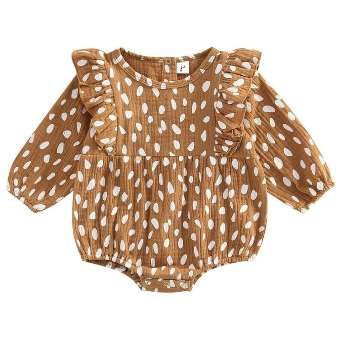 Jennifer Ann Bubble Romper in fawn with playful design and snaps for easy diaper changes.
