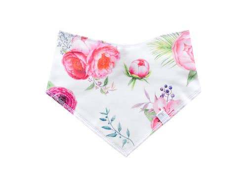 Peony Organic Drool Bib with floral design, double-layered organic cotton, suitable for newborn to 3T.