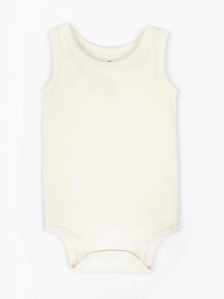 Natural Boulder Tank Bodysuit made of 100% organic cotton with nickel-free snaps, eco-friendly dyes, and GOTS certification, ideal for babies.