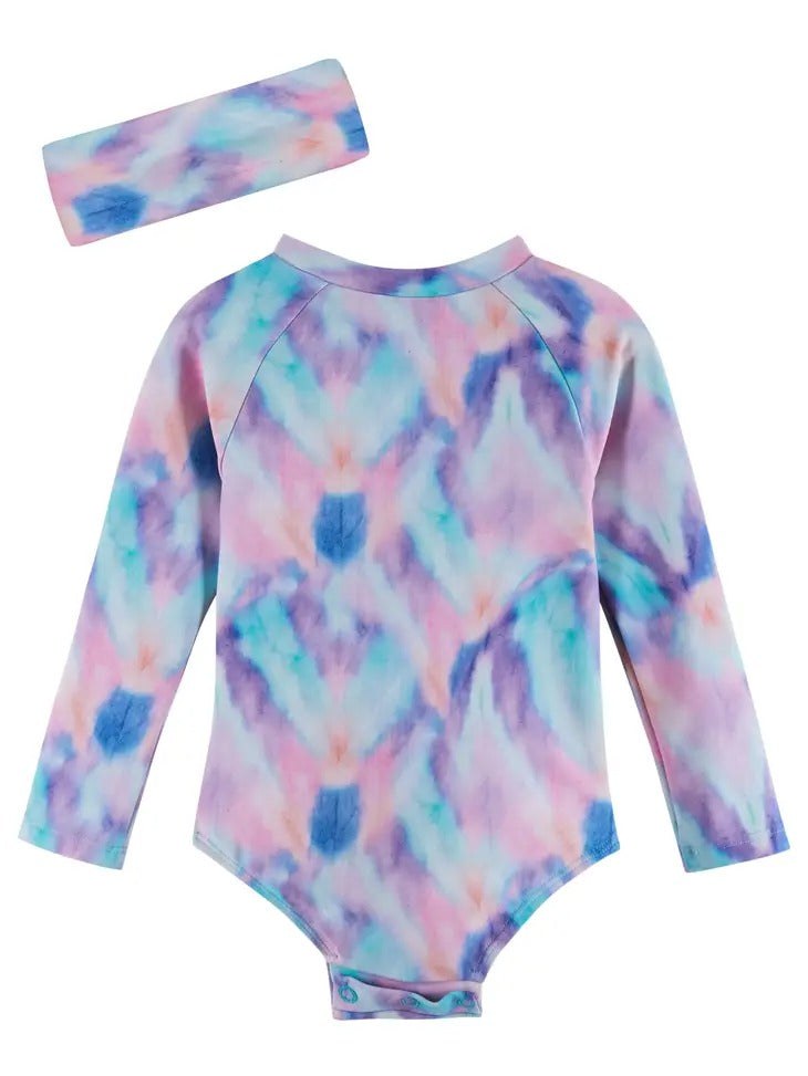Andy & Evan girls rashguard swim suit in pastel tie dye with UV protection and matching headband.