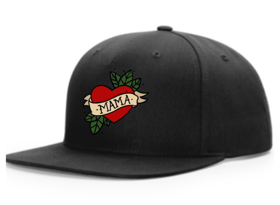 Black hat with heart logo featuring the word "Mama," designed by Phoenix Cap Co for children aged 0-8 years.