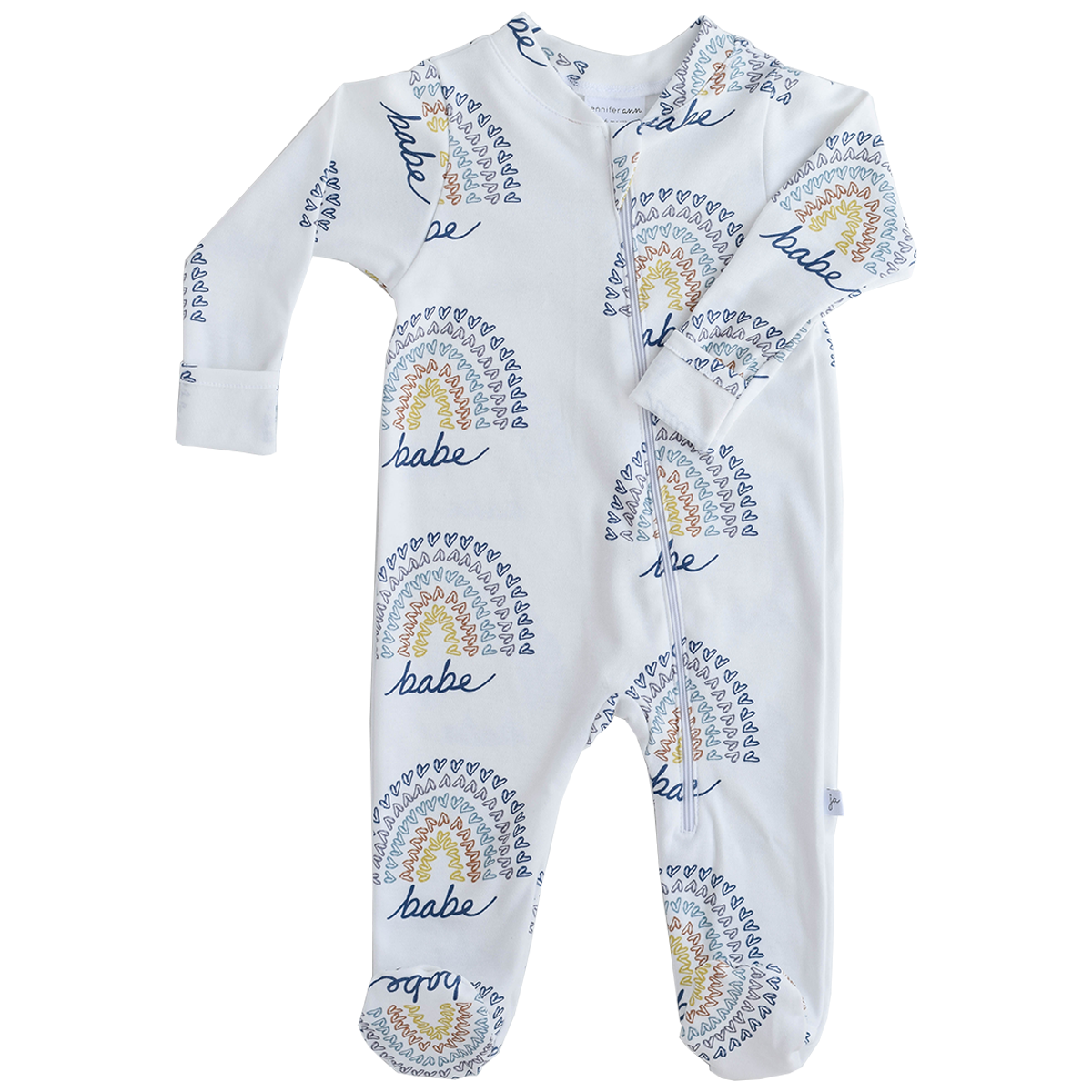 Rainbow Babe Organic Footie in white with colorful rainbow and text print, zippered, made from organic cotton.