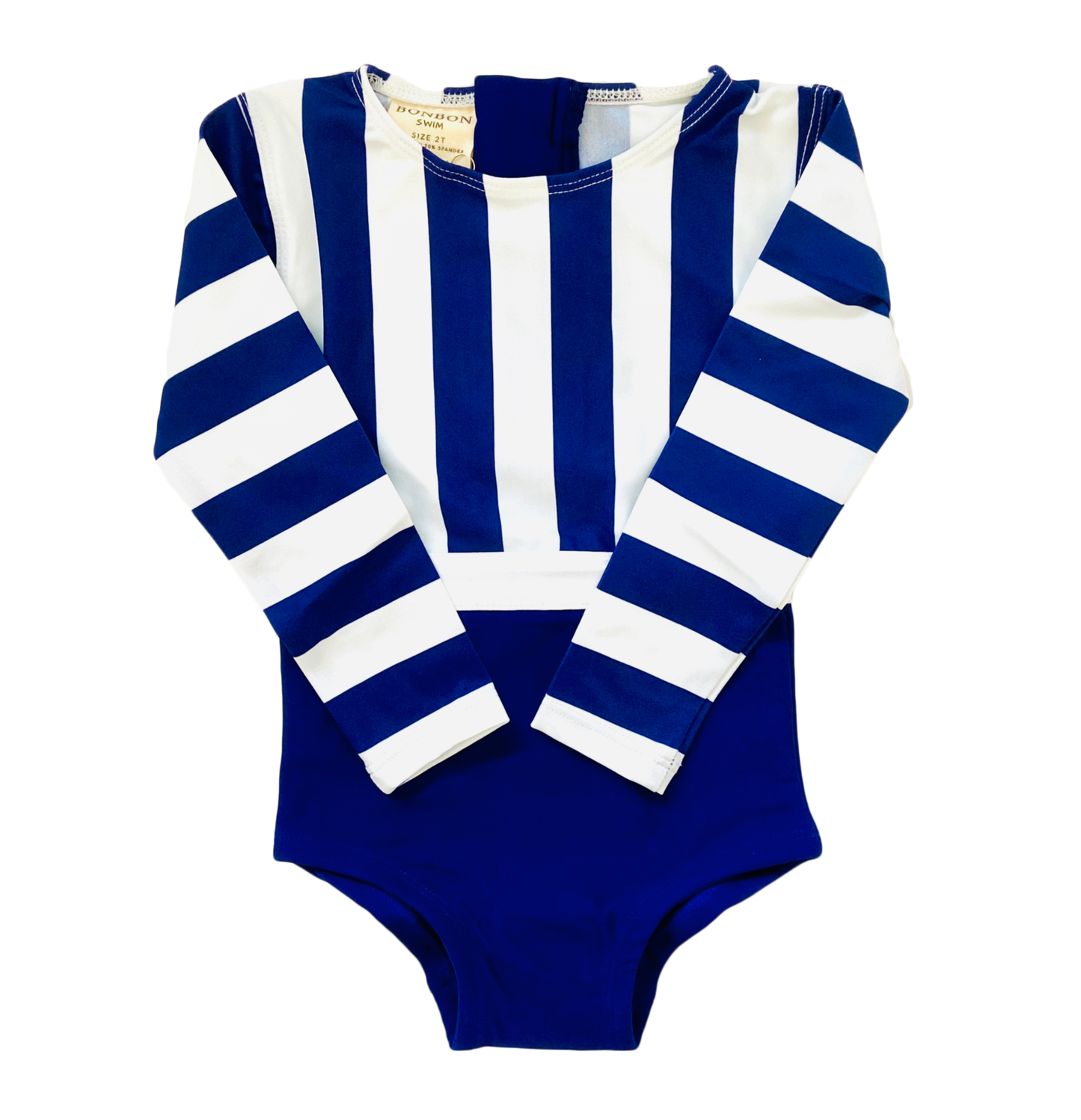 Capri Bowtie Rashguard with Navy Stripes, Long Sleeve UPF 50+, Bow Tie Detail, Fast Drying Fabric