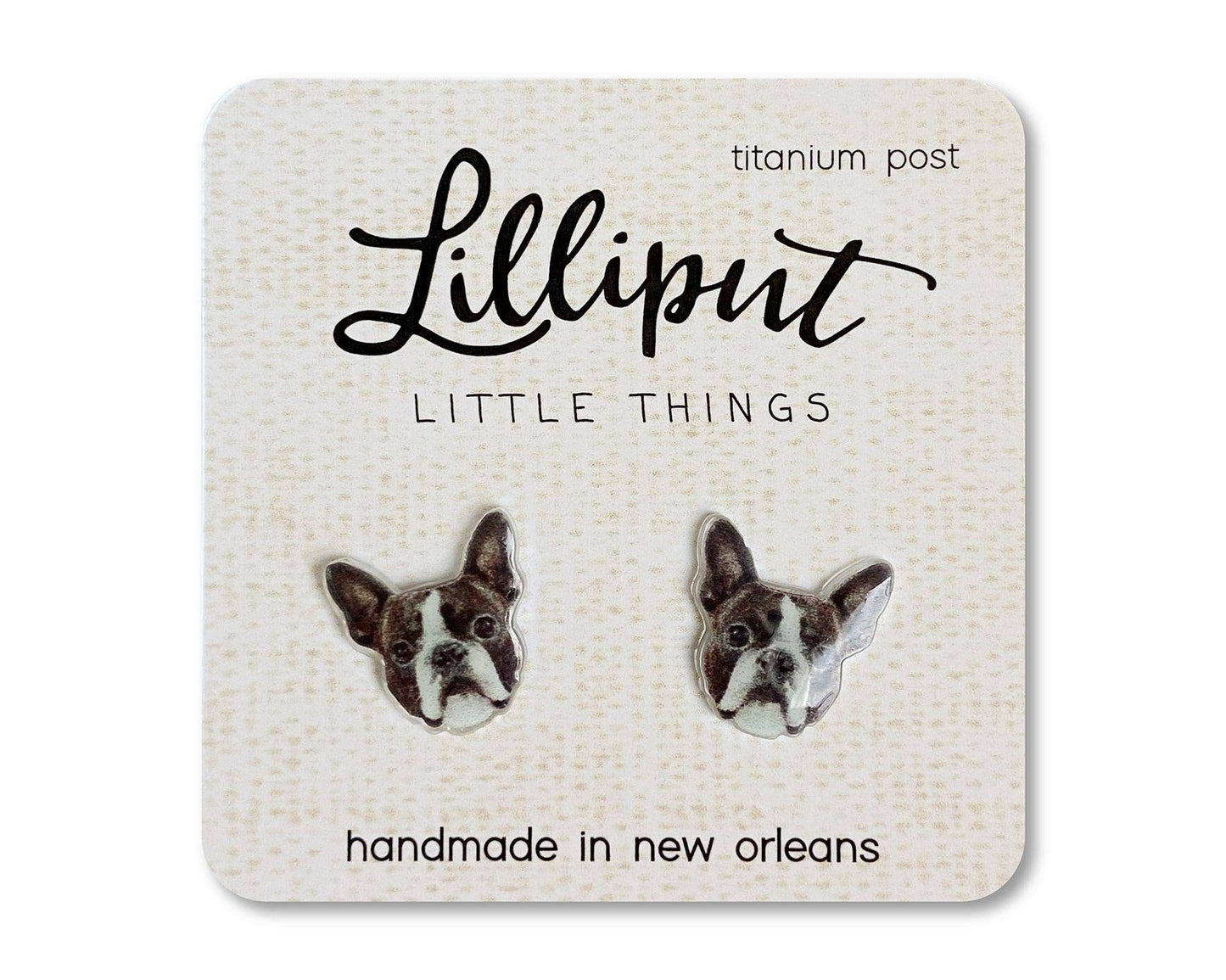 Boston Terrier Earrings on display card, titanium posts, hypoallergenic, handmade in New Orleans.