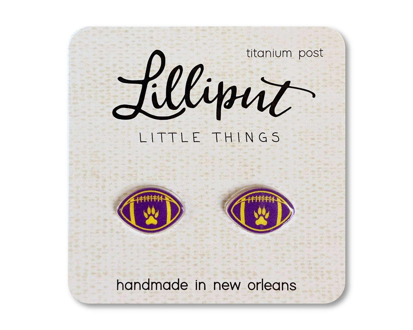 Tiger Paw Football Earrings by Lilliput Little Things with purple and yellow paw design on display card.