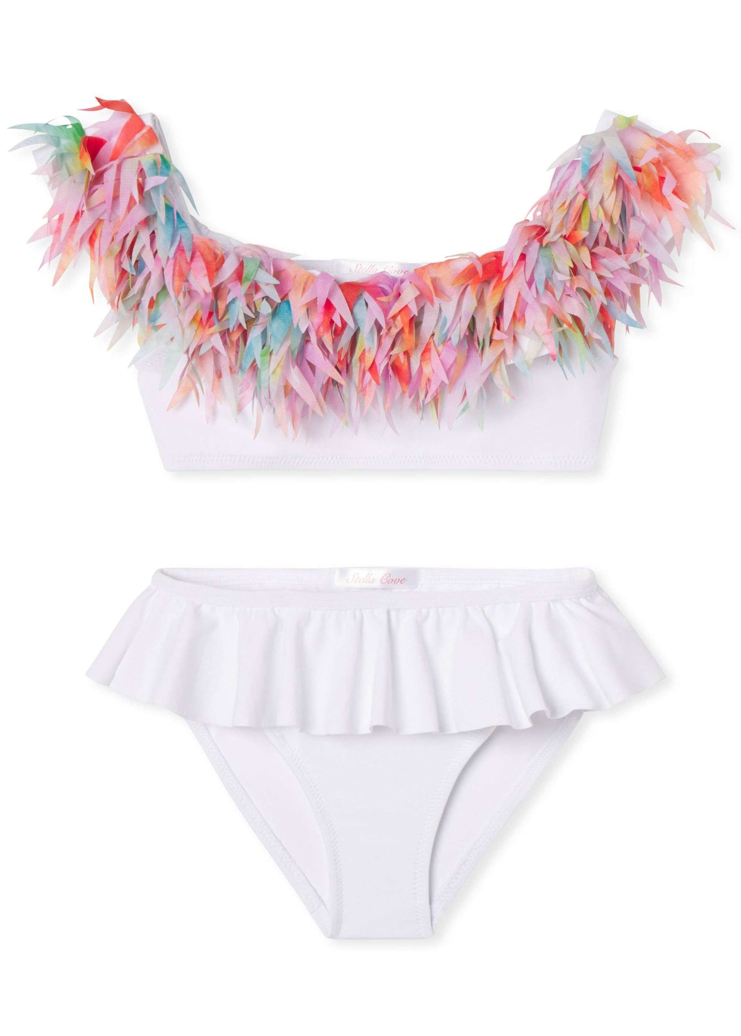 Stella Cove white draped bikini with colorful sugar skies petals for girls.