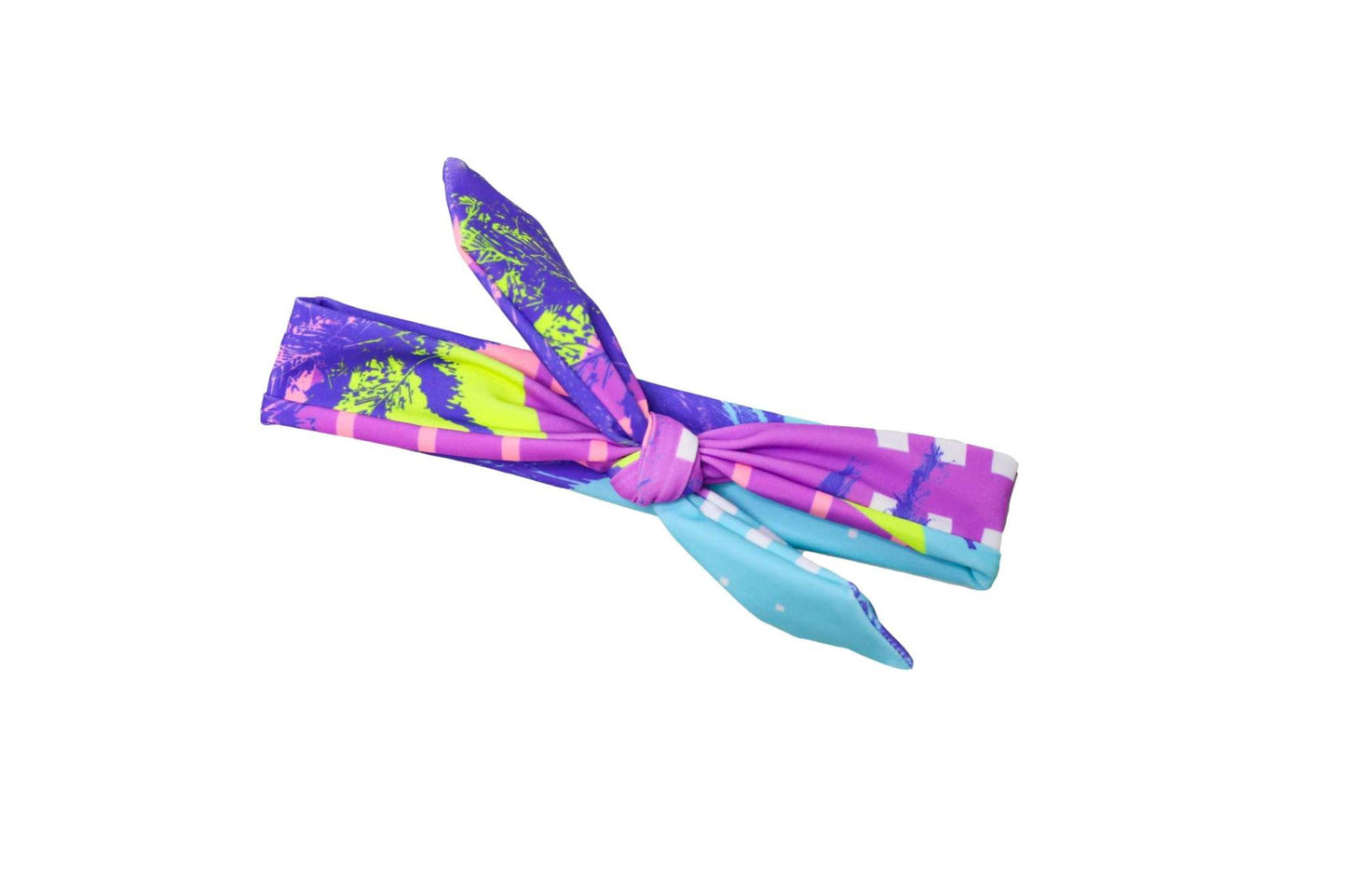 Colorful swim headwrap by Blueberry Bay, Miami Vice design, polyester/elastane blend.