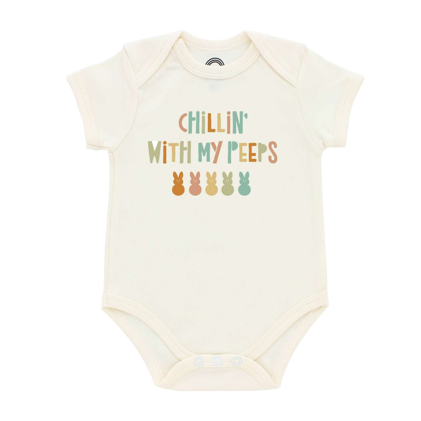 Chillin With My Peeps Easter Bunny Cotton Baby Onesie with colorful bunny print.