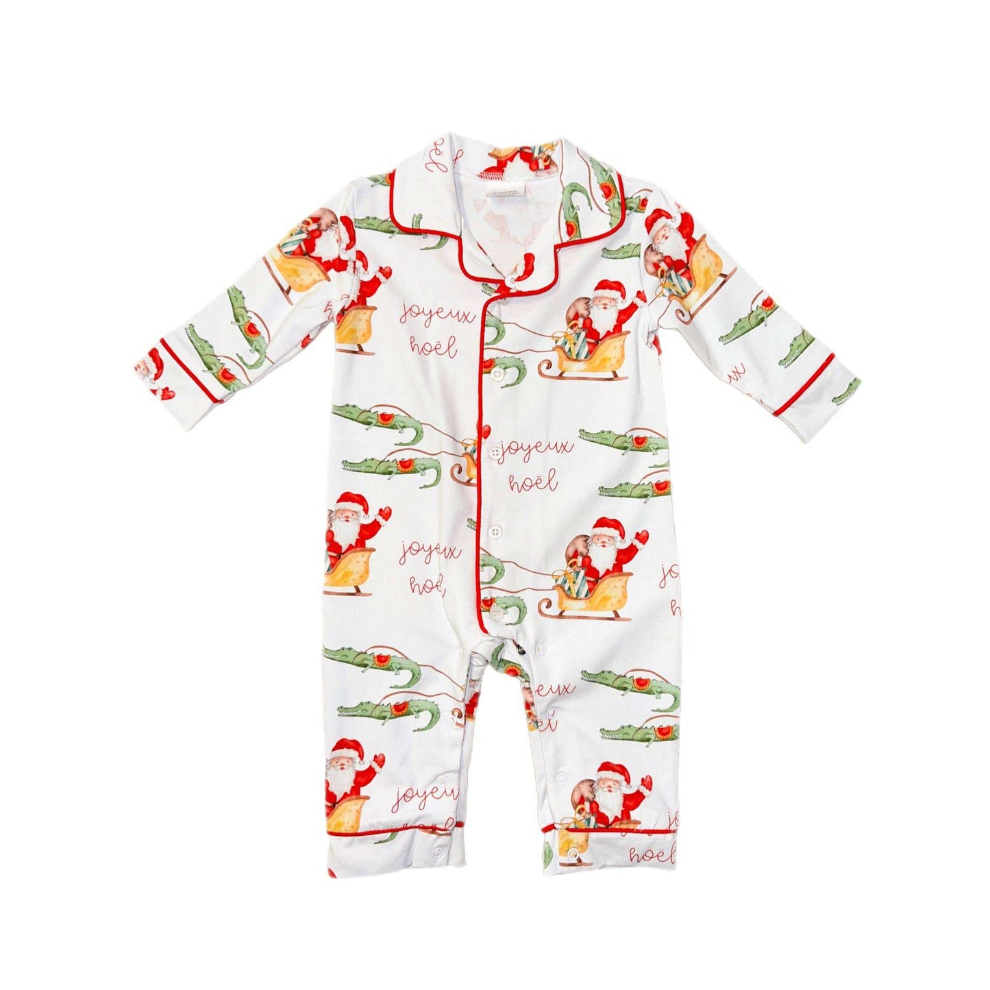Cypress Row Children's Joyeaux Noel Classic Romper Lounge with Santa print.