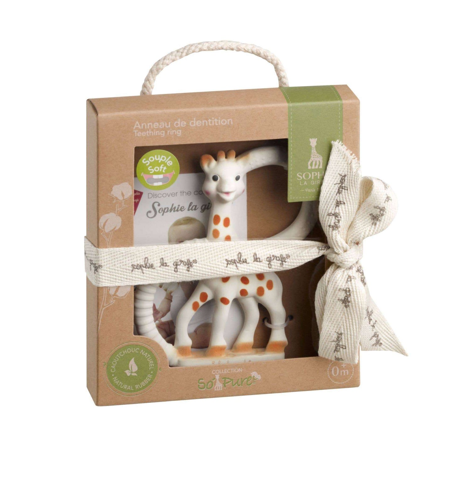 Sophie La Girafe So’Pure teether in packaging, made of 100% natural rubber for soothing baby gums, featuring two textured rings.