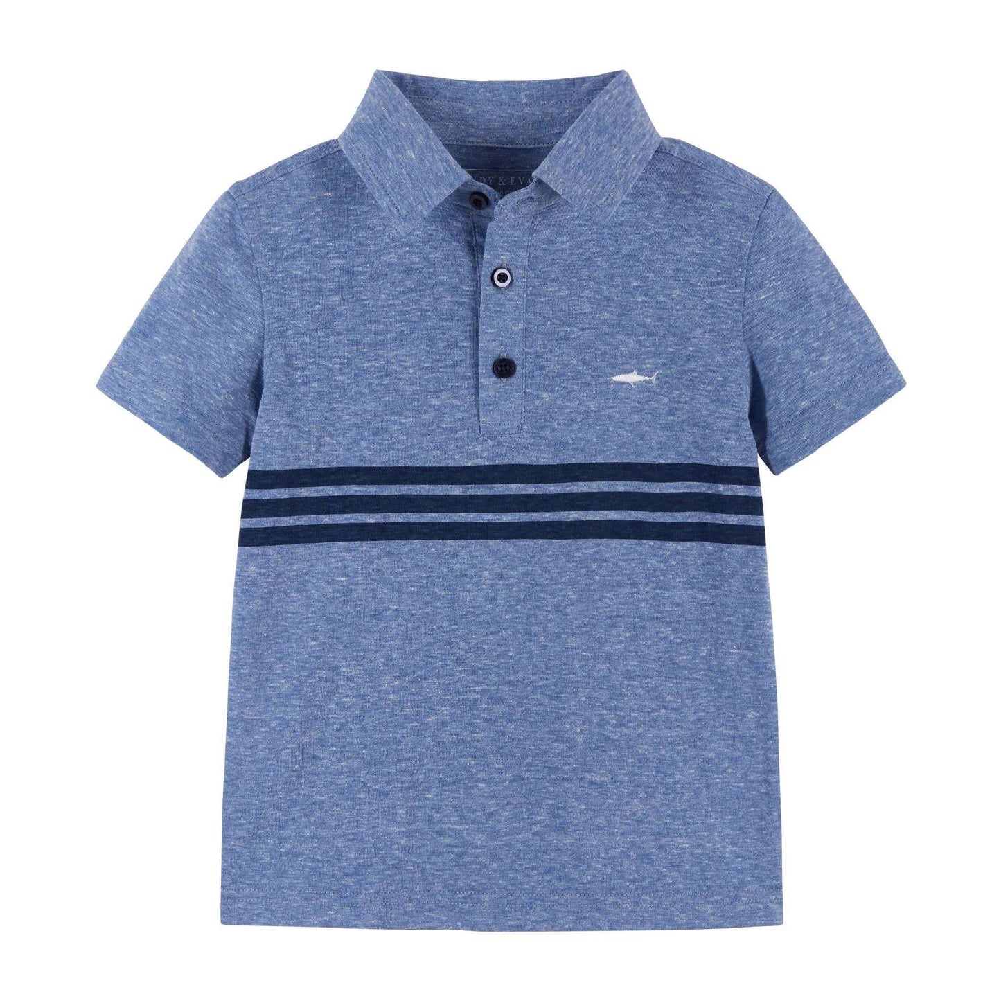 Andy & Evan boys blue shark polo shirt with button-up collar and embroidered shark design.