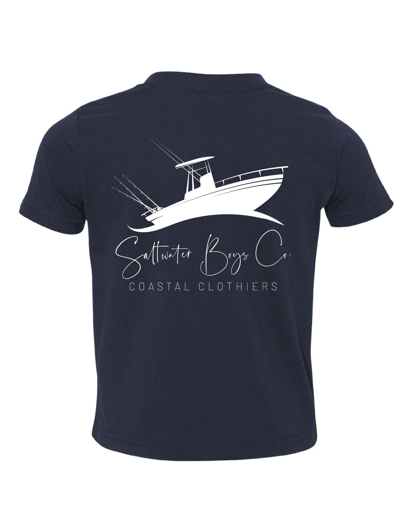 Saltwater Boys Company navy blue tee with offshore boat graphic and pocket.