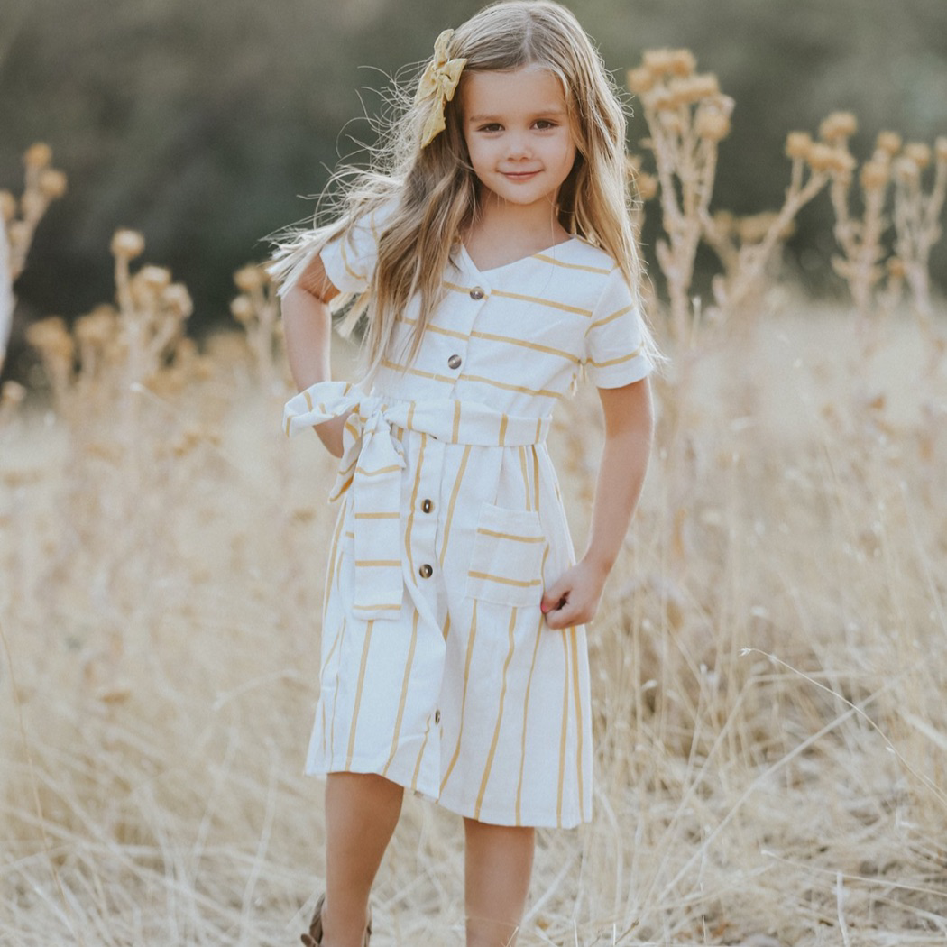 Marlow Mustard Stripe Dress with tie waist and square pockets.