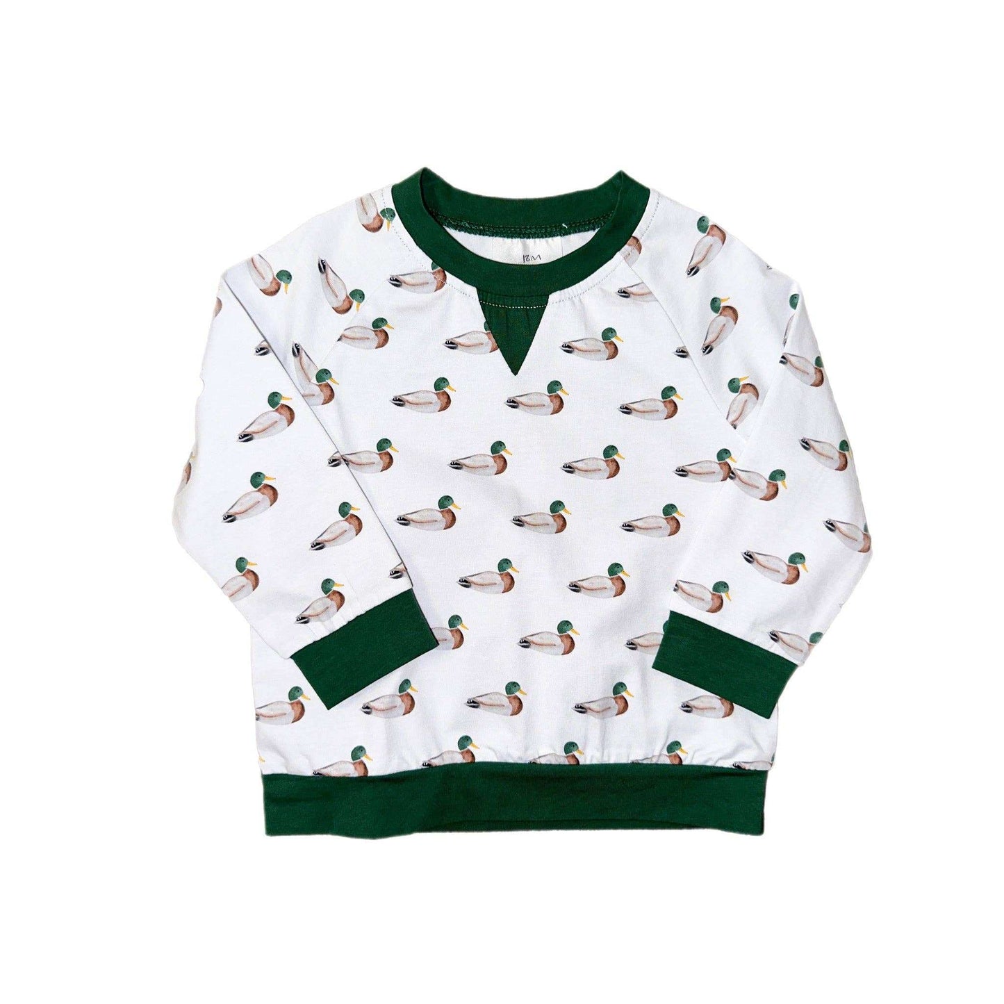 Cypress Row Childrens - Mallard Lightweight Pullover with mallard print design, soft knit fabric, green cuffs, and neckline.