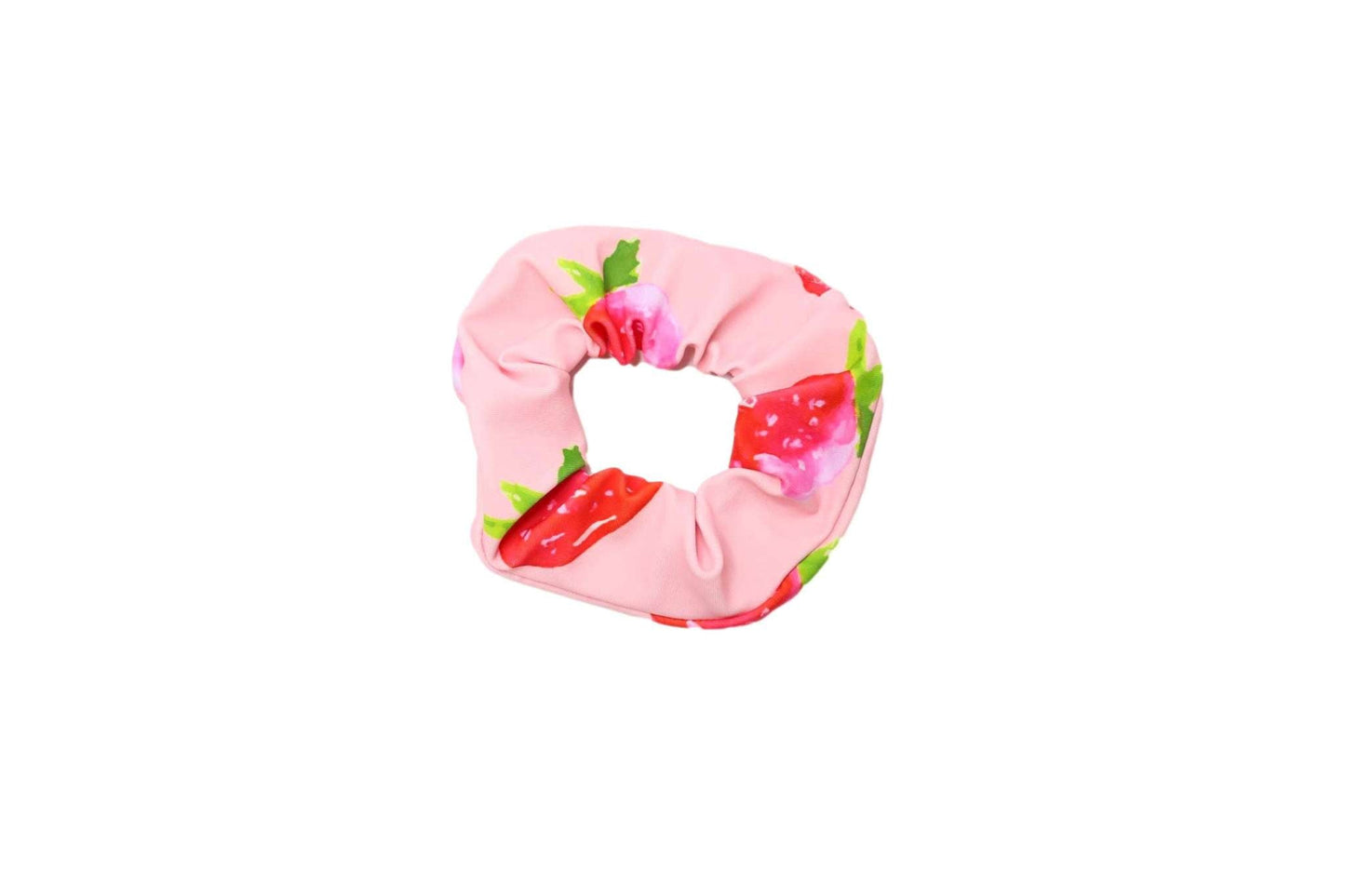 Pink scrunchie with strawberry pattern, Blueberry Bay - Strawberry Scrunchie.