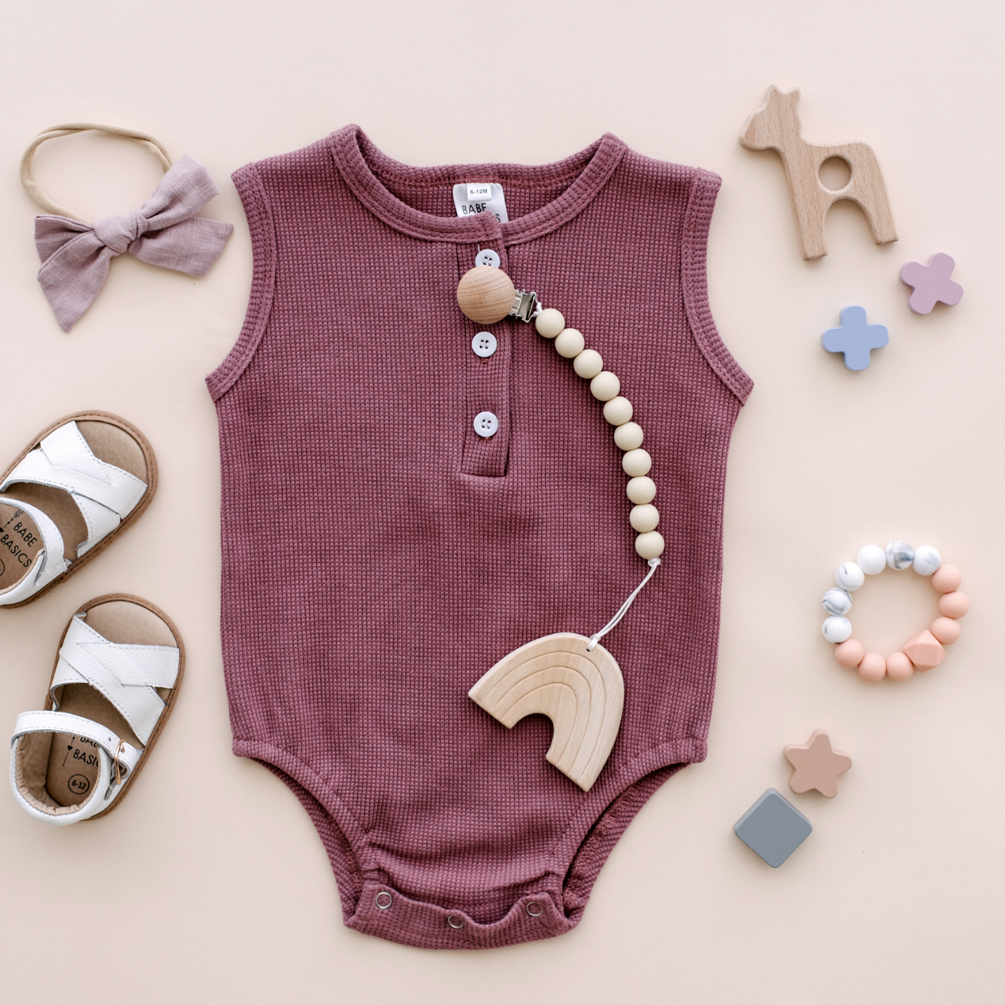 Dusty Rose Arizona Sleeveless Romper for baby, waffle cotton, boho style.