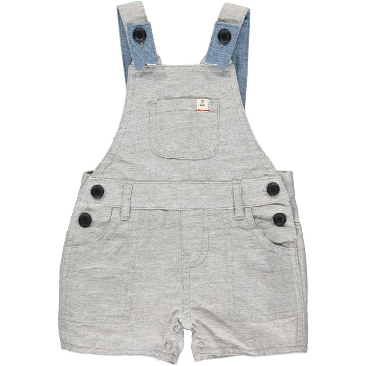 Pale grey Bowline Shortie Overalls for children with adjustable straps and snap closures.